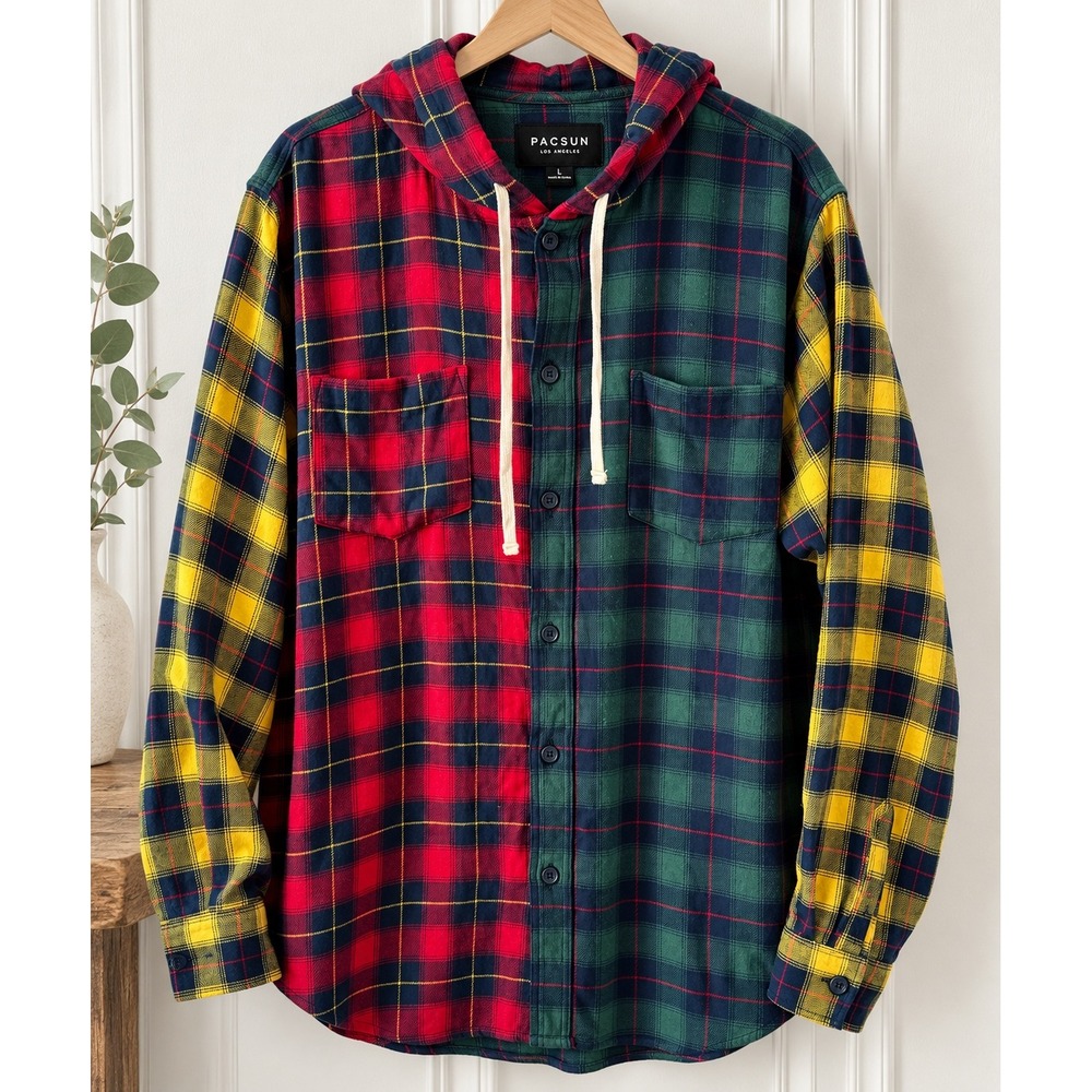 PacSun Men's L Hooded Flannel Shirt Mixed Plaid Grunge 100% Cotton Y2k Gruny